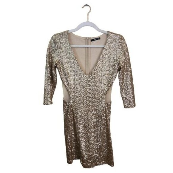 TFNC London Gold Sequined Mesh Cut Out Sides Mini Dress Size M - Picture 1 of 6
